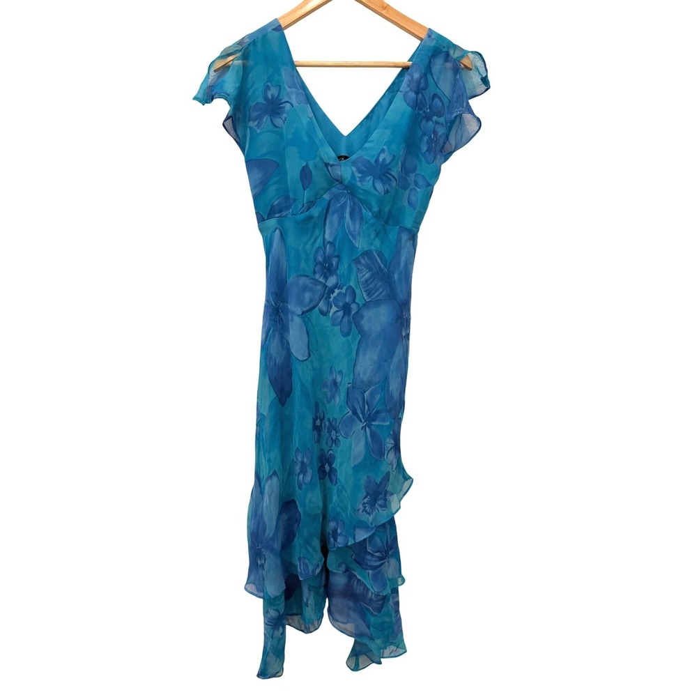 Y2K CDC Teal Blue Floral Midi Dress Flutter Sleeve Ruffle 6 Fairy Mermaid Aqua